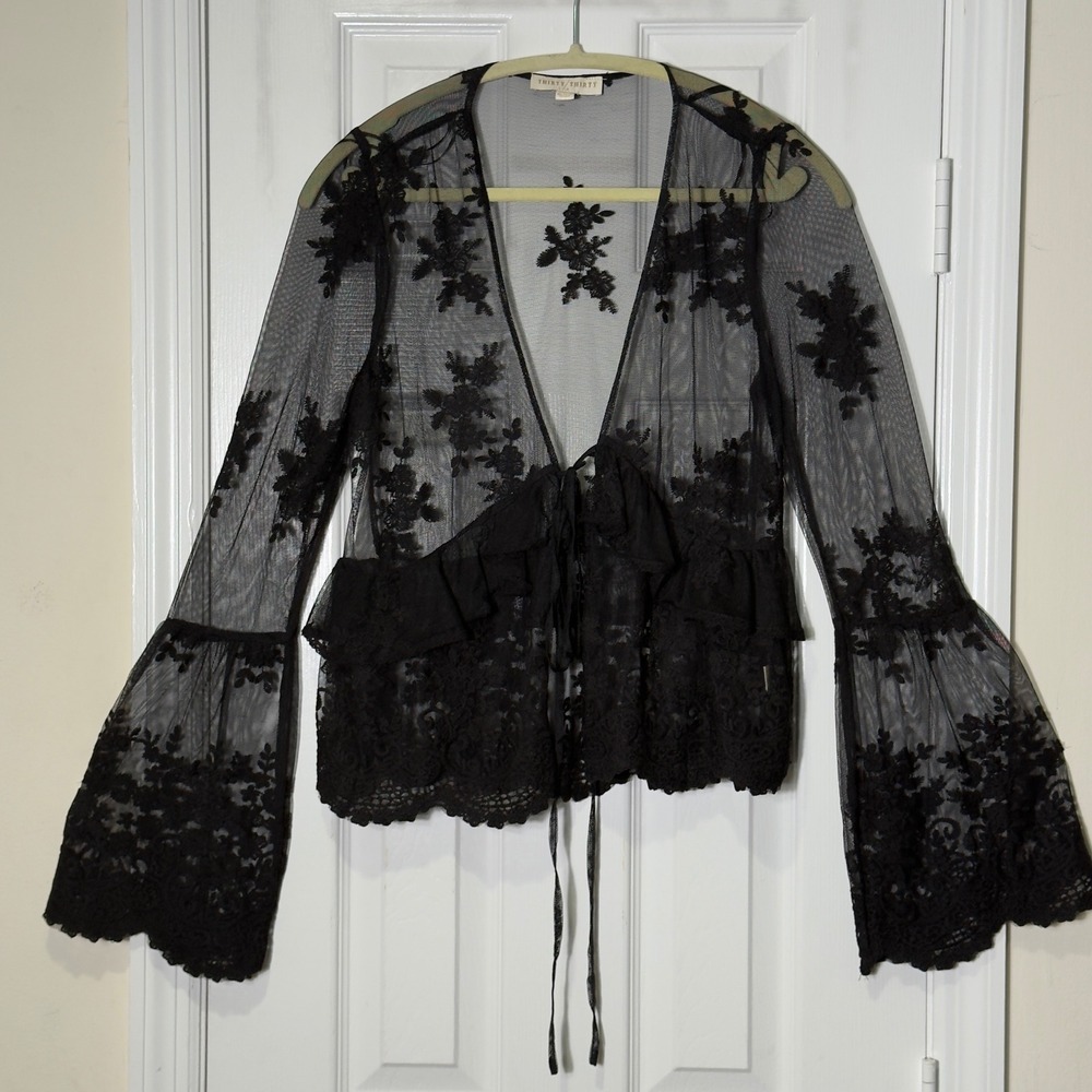 Thirty Thirty Lace Sheer Tie Front Top Black Bell Sleeve Boho Goth